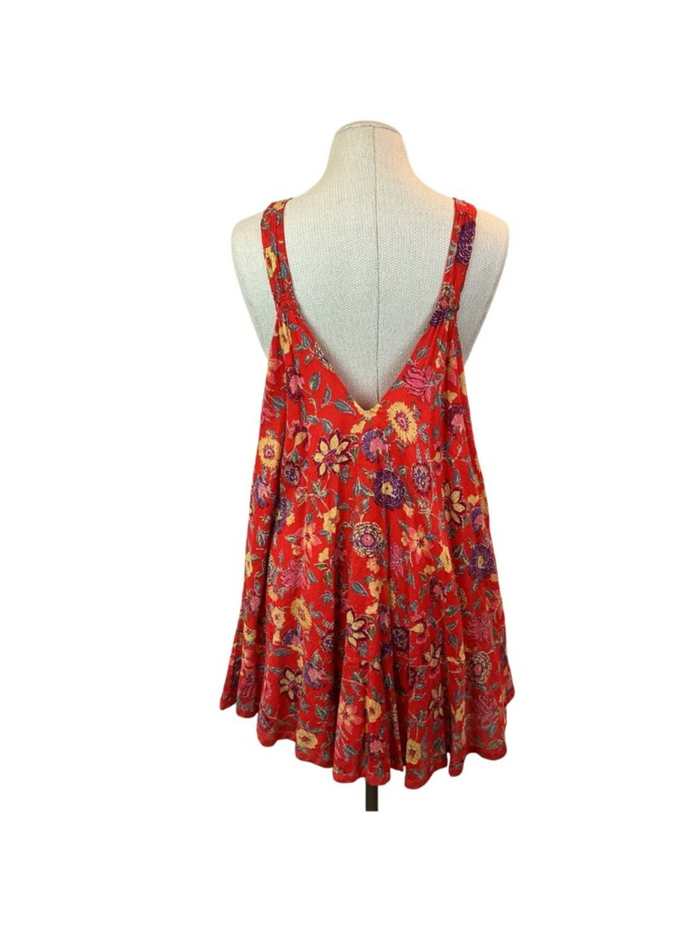 Free People Floral Red Sleeveless Boho Swing Dress XS 100% Cotton Smocked Front - Picture 4 of 11